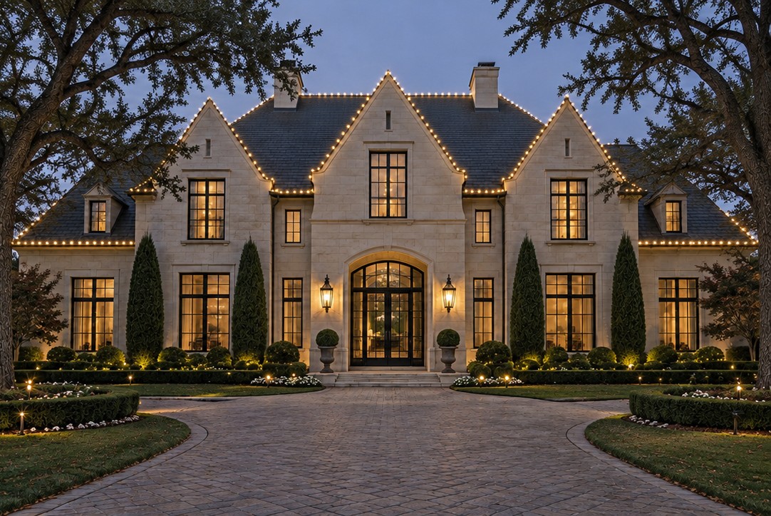 Illustrative luxury estate with holiday lighting