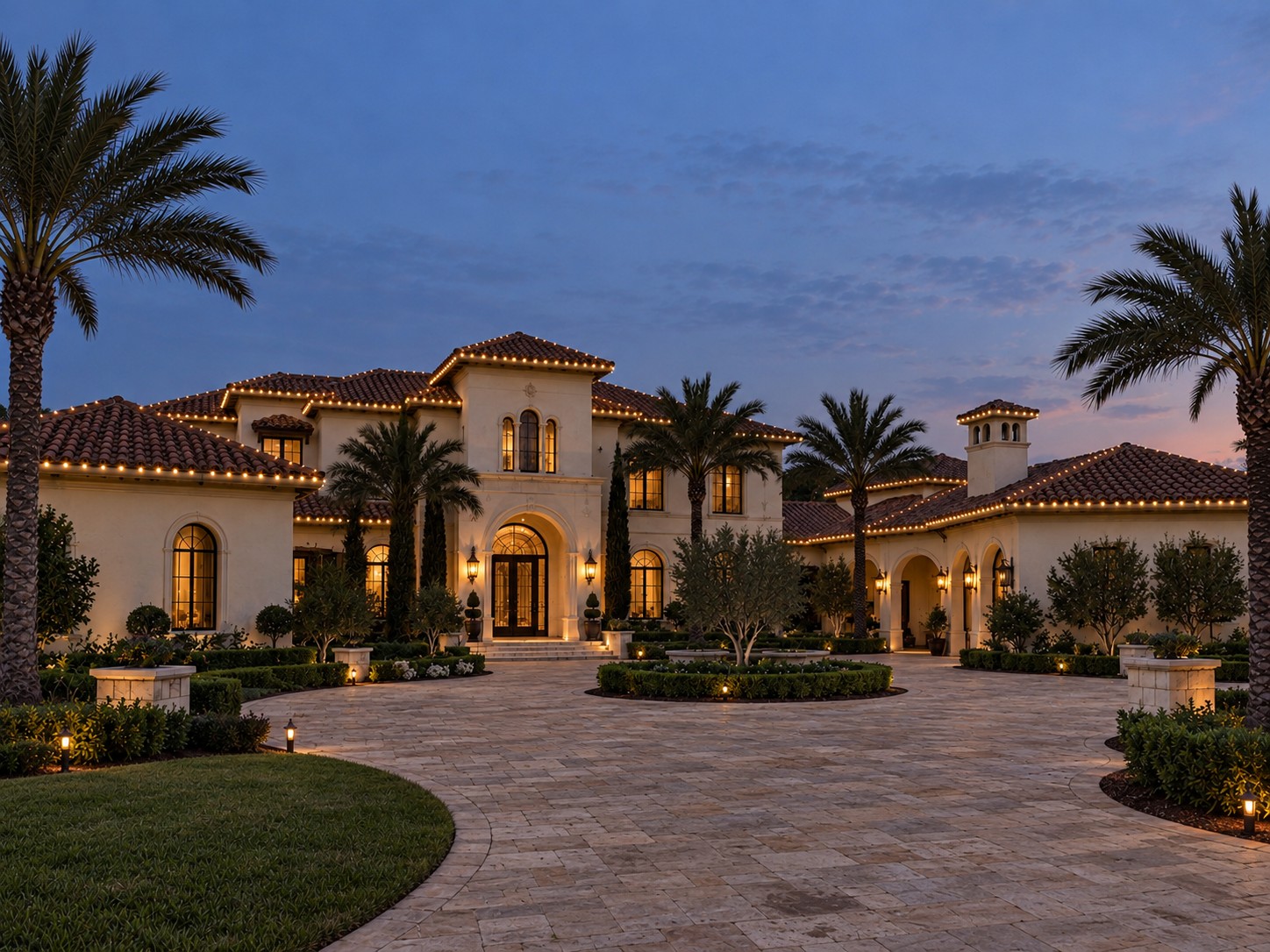 Illustrative Mediterranean luxury estate with warm white Christmas lighting